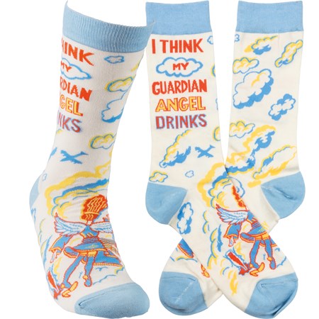Socks - I Think My Guardian Angel Drinks - One Size Fits Most - Cotton, Nylon, Spandex