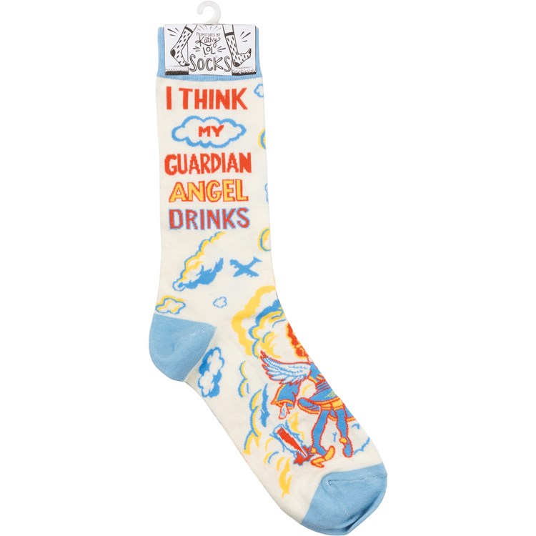 Socks - I Think My Guardian Angel Drinks - One Size Fits Most - Cotton, Nylon, Spandex