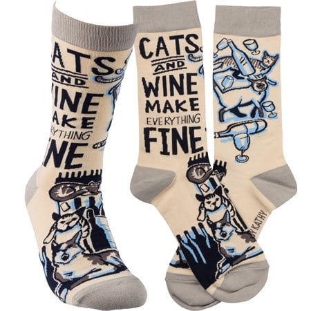 Socks - Cats And Wine Everything Fine - One Size Fits Most - Cotton, Nylon, Spandex