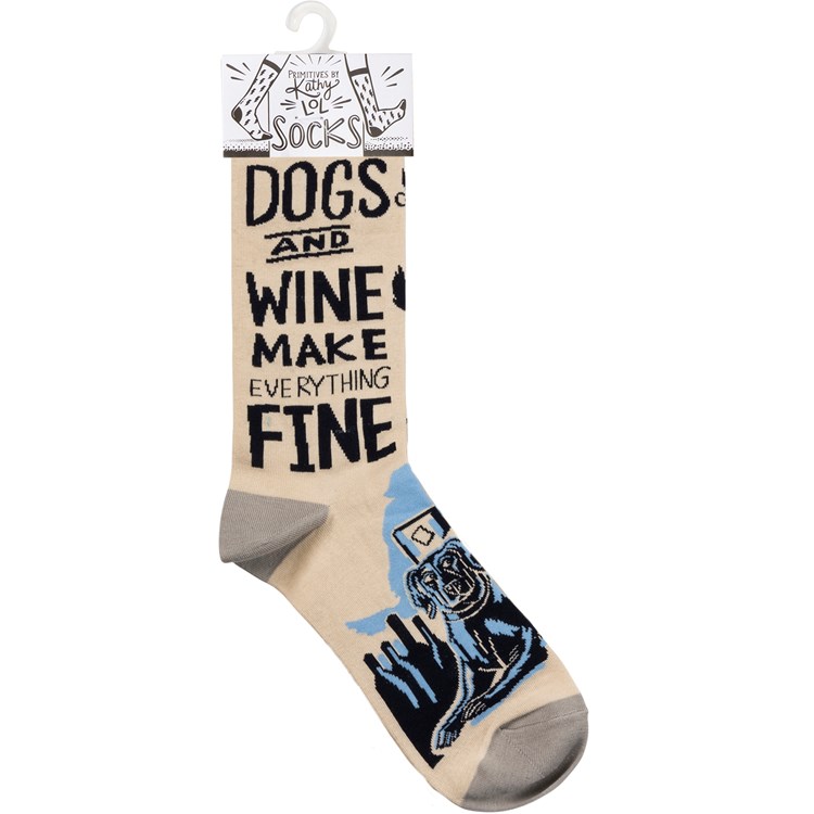 Socks - Dogs And Wine Everything Fine - One Size Fits Most - Cotton, Nylon, Spandex