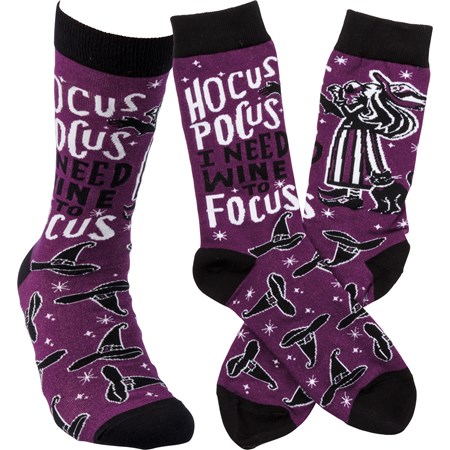 Socks - Hocus Pocus I Need Wine To Focus - One Size Fits Most - Cotton, Nylon, Spandex 
