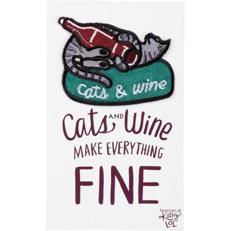 Patch - Cats And Wine Make Everything Fine - Patch: 2.50" x 1", Card: 3" x 5" - Fabric, Cotton, Paper