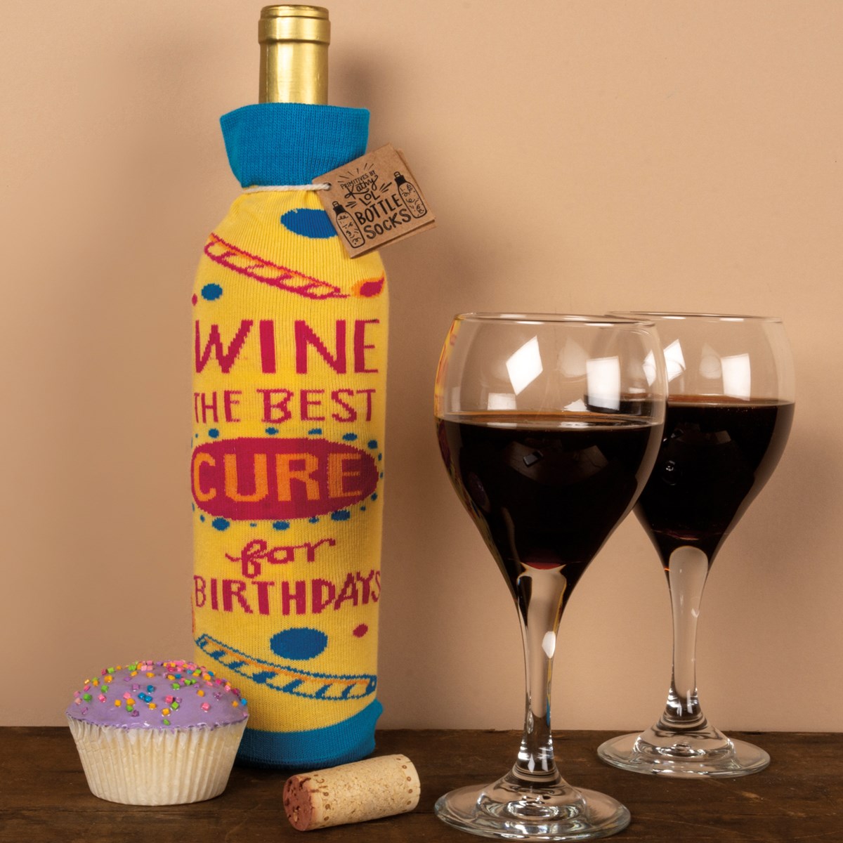 Bottle Sock - Wine The Best Cure For Birthdays - 3.50" x 11.25", Fits 750mL to 1.5L bottles - Cotton, Nylon, Spandex