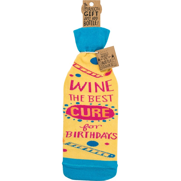Bottle Sock - Wine The Best Cure For Birthdays - 3.50" x 11.25", Fits 750mL to 1.5L bottles - Cotton, Nylon, Spandex