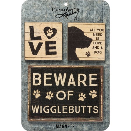 Magnet Set - All You Need Is Love And A Dog - 4" x 3",  2" x 2", Card: 5" x 7" - Wood, Metal, Magnet