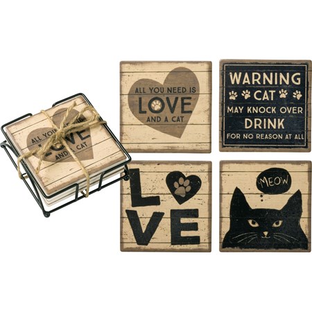 Coaster Set - All You Need Is Love And A Cat - 4" x 4" x 1.50" - Stone, Metal, Cork