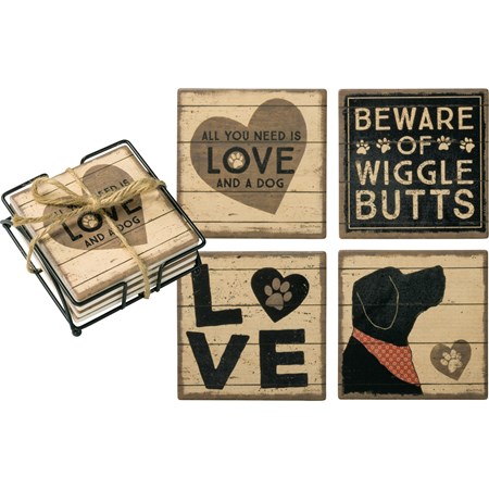 Coaster Set - All You Need Is Love And A Dog - 4" x 4" x 1.50" - Stone, Metal, Cork