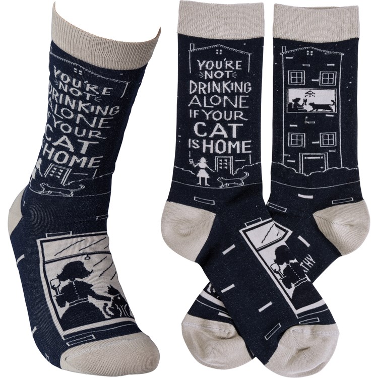 Socks - Not Drinking Alone If Your Cat Is Home - One Size Fits Most - Cotton, Nylon, Spandex