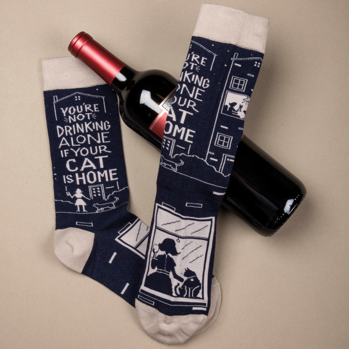 Socks - Not Drinking Alone If Your Cat Is Home - One Size Fits Most - Cotton, Nylon, Spandex