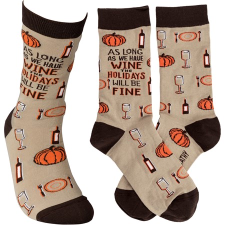 Socks - As Long As We Have Wine Holidays Fine - One Size Fits Most - Cotton, Nylon, Spandex