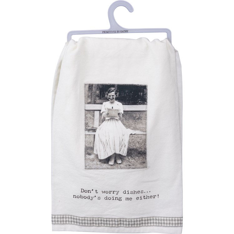 Don't Worry Dishes Vintage Kitchen Towel - Cotton, Ribbon